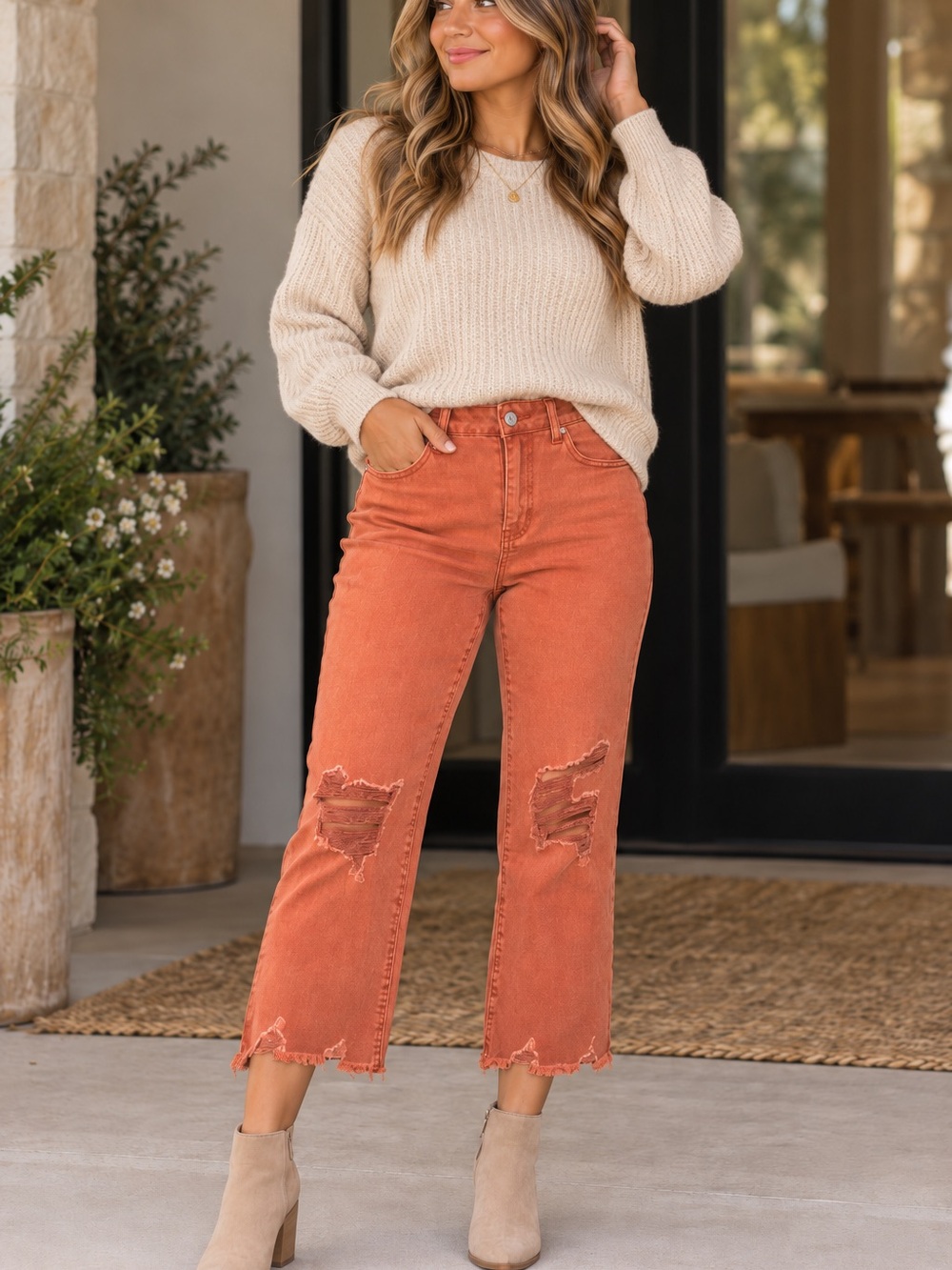 Zenana Distressed Cropped Straight Leg Denim – Rust 🧡